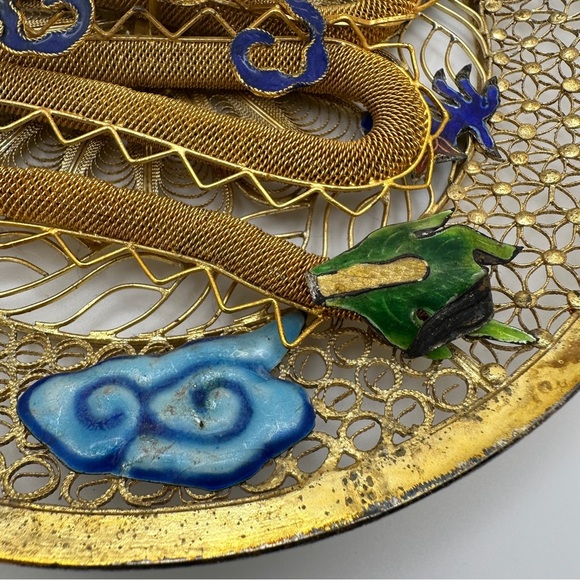 Golden Blue Dragon Wall Piece Chinese cloisonne copper filligre intricate design - Picture 4 of 15